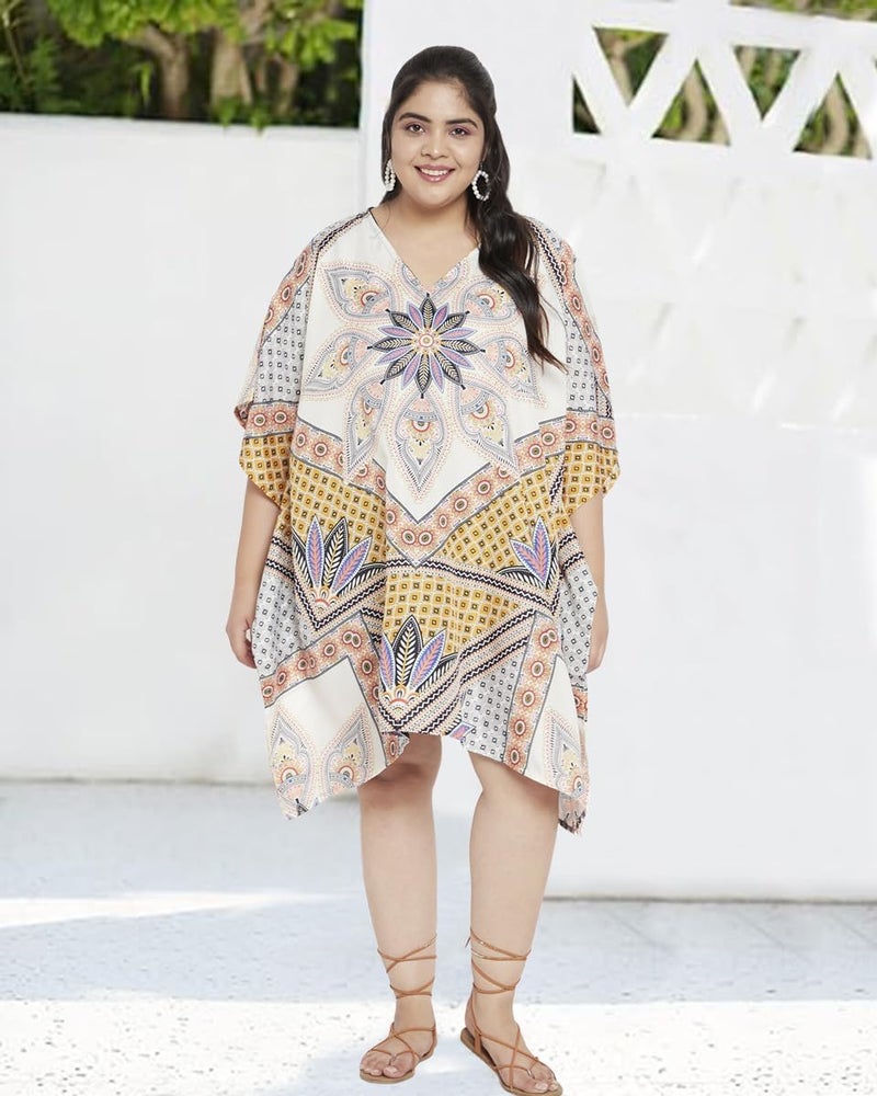 Oussum Short Caftans for Women Plus Size Kaftan Tunic Tops Polyester Summer Beach Clothing Mini Cover Ups Dress for Ladies - Image 1